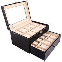 Large 20 Slot Leather Watch Box Case Organizer Glass Display Jewelry Storage - £62.90 GBP