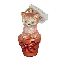 Christopher Radko Terracotta Kitty Christmas Ornament QVC Pink Cat Green Eyes - £44.65 GBP