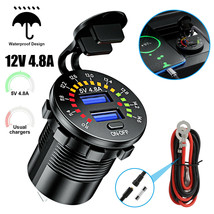 4.8A 12V Car Boat Dual Usb Fast Charger Socket W/ Voltmeter &amp; Wire Waterproof - £18.86 GBP