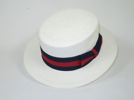 Men's Bruno Capelo Boater Natural Straw Flat Crown Hat BC631 White/Red/Blue image 3
