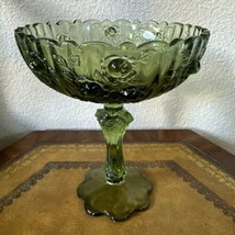 Vintage 1960s Fenton Green Rose Glass Footed Compote 8” Pedestal Bowl Sc... - £33.35 GBP