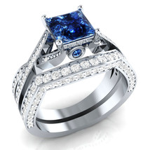 Wedding Ring Set 3.10Ct Lab Created Blue Sapphire Solid 14k White Gold Size 7.5 - £219.69 GBP