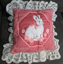 Pink Bunny Pillow Ivory Lace Border Vintage Rabbit Handmade 17x17&quot; - $14.03