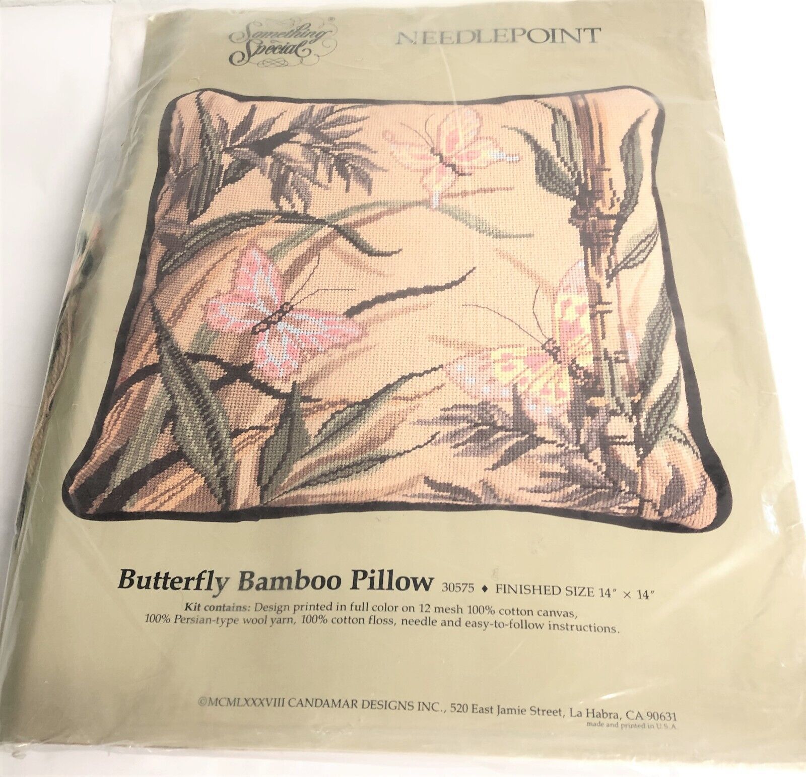 Something Special Butterfly Bamboo Pillow Needlepoint 30575 Candamar 1988 14 in - $40.37
