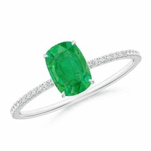 ANGARA Thin Shank Cushion Emerald Ring with Diamond Accents in 14K Gold - £1,011.68 GBP