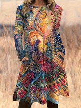 Women’s Multicolor Peacock Print Dress Tunic Long Sleeves 6X - $30.67 CAD