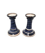 Hand Thrown Pottery Cobalt Blue Candle Sticks Pair Glazed 5&quot; Tall - £19.66 GBP