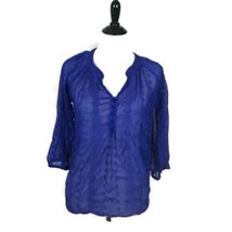 Olive and Oak Floral Embroidered Tunic Blue Blouse BOHO Sheer Split Neck... - $12.87
