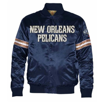 NBA New Orleans Pelicans Navy Blue Satin Letterman Baseball Varsity Jacket - £111.07 GBP