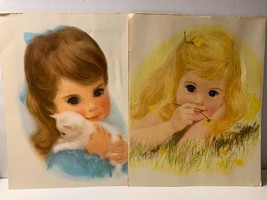 2 Vintage Frances Hook Prints Little Girls Kitten Flowers - £9.97 GBP