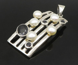 925 Silver - Vintage Cultured Pearls &amp; Black Tourmaline Shiny Pendant - PT19610 - £63.77 GBP