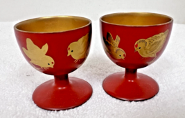 2 Vintage Asian Lacquerware Egg Cups w Baby Chick Design GOLD Inner 2" - $18.32