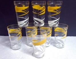 MCM Hazel-Atlas Yellow &amp; White Swirl Jelly Jar Glasses Tumblers 14 Oz - Set of 8 - £41.15 GBP