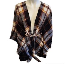 One Size Plaid Poncho SOFT Navy Blue White Rust Gold Tie Belt - £12.42 GBP