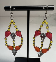 Jewelry Earrings Dangle Silver Tone  Plastic Yellow and Coral 2.5 Inches - £2.00 GBP