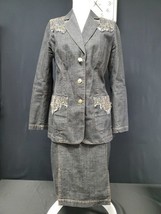 ESCADA Skirt Jacket Suit Set Sz 42/ 10 Denim Embroidered Straight Suit B... - $6,074.62 MXN
