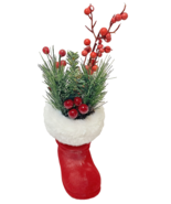 Vintage Christmas Decoration Flocked 4.5&quot; Boot with Pine and Berry Spray... - £15.64 GBP