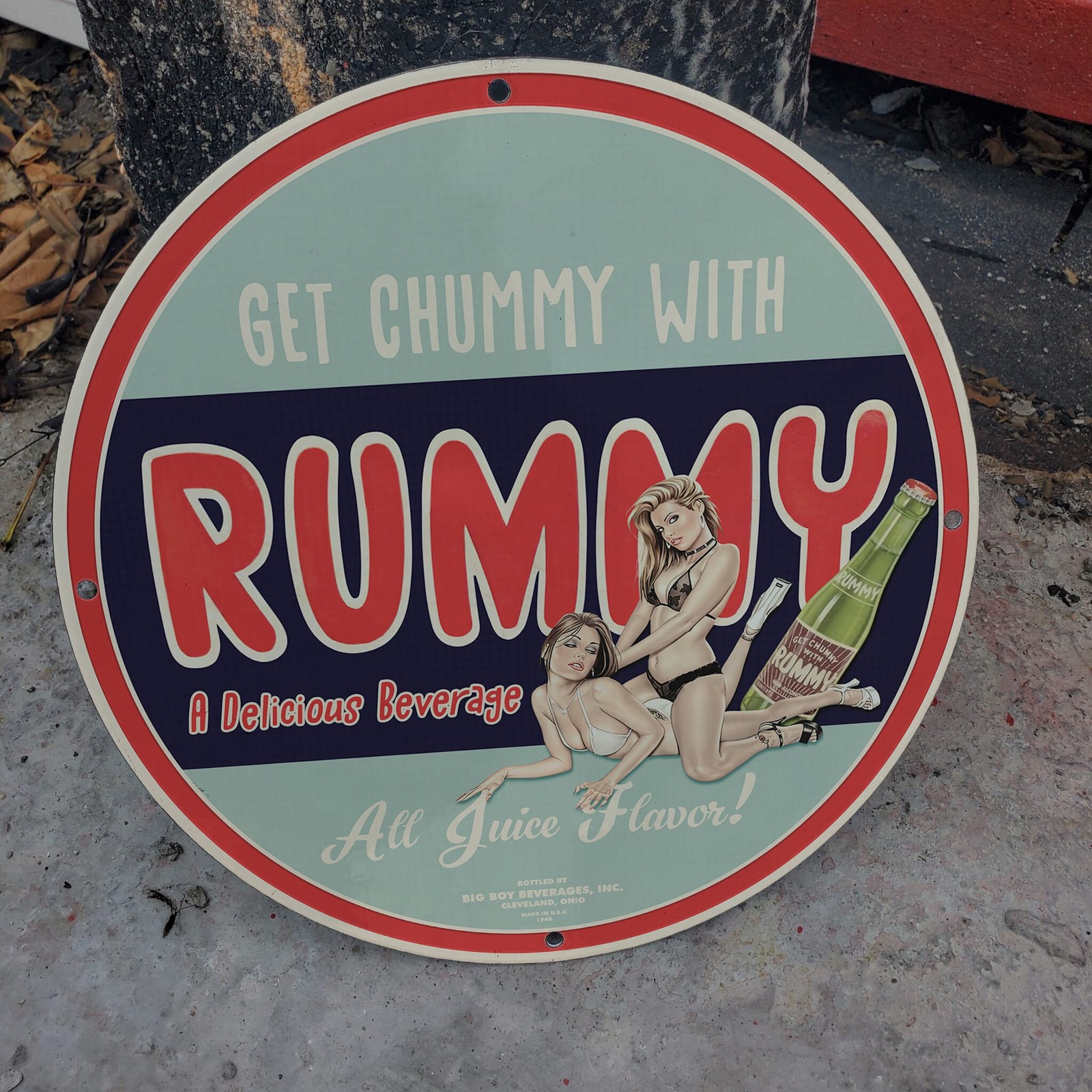 Vintage 1948 Rummy Non-Alcoholic Big Boy Beverages Porcelain Gas & Oil Sign - £97.73 GBP
