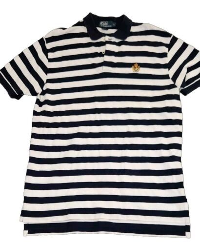 Primary image for Vintage Ralph Lauren Polo Shirt Mens Sz L Navy Blue White Striped Crest Cotton