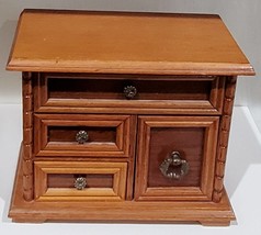 Vintage Oak Carved Wood Jewelry Box, Hinged Top, Mirror, Slide Out Rings Tray wi - £29.93 GBP