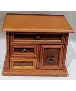 Vintage Oak Carved Wood Jewelry Box, Hinged Top, Mirror, Slide Out Rings... - £29.72 GBP