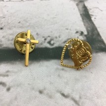 Christain Lapel Pins Lot Of 2 Gold-Tone Cross Crystal Gem Angel Within H... - $14.84