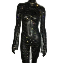 Bling Rhinestones Fishnet Mini Dress Women  Bodycon Long Sleeve Crystal Dress  S - £92.94 GBP