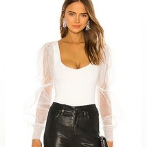 $158 NBD Blaine bodysuit XS Revolve sheer organza long sleeve top white ... - £39.87 GBP