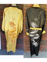 Asian Kimono Large Reversible Yellow Black Satin Full Long Length Robe Pockets - $44.65