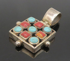 925 Sterling Silver - Vintage Turquoise Coral &amp; Agate Square Pendant - PT20182 - £37.87 GBP