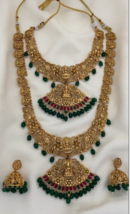 Indian Bollywood Gold Plated Jewelry Set Of 2 Necklace Earrings Red Green Set - £59.77 GBP