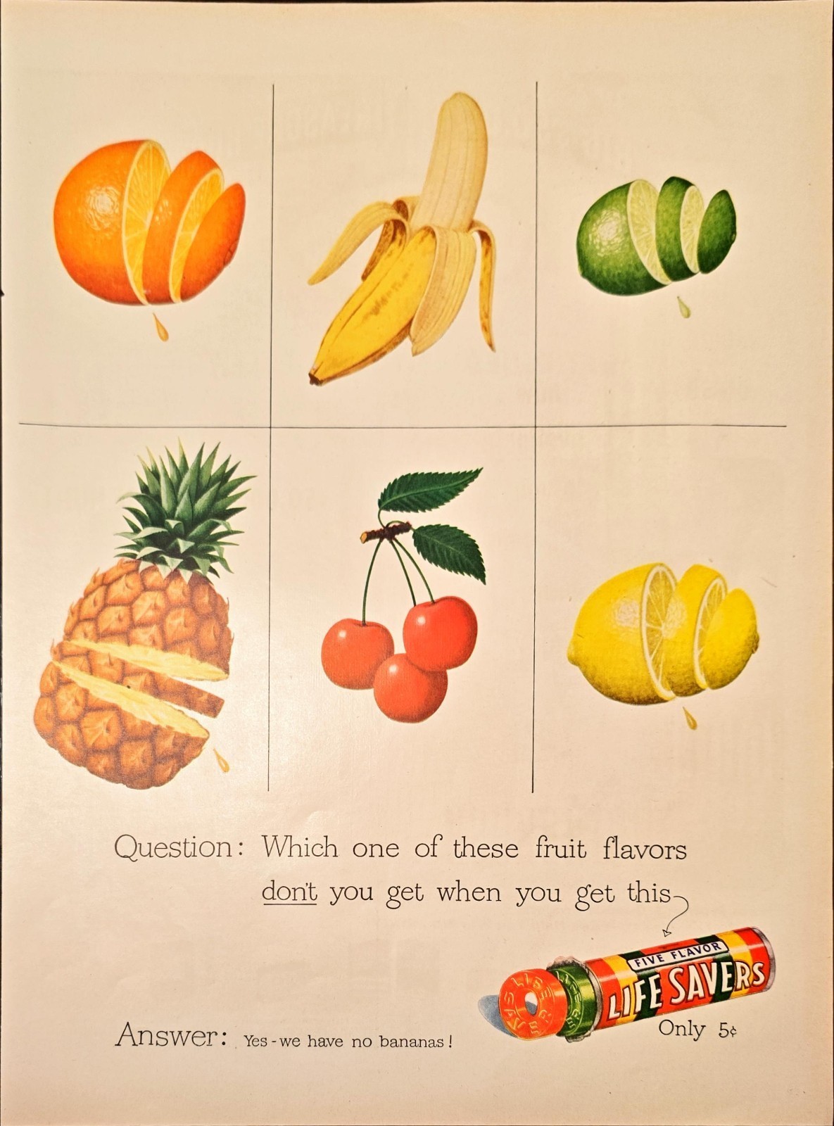 Five Flavor Life Savers Candy Cherry Orange Limes-1948 Vintage Print Ad - $11.43