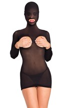 Cupless Mini Dress Hooded Long Sleeve Open Bust Mouth Peek A Boo Black B102 - £19.43 GBP