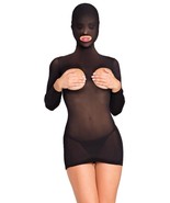 Cupless Mini Dress Hooded Long Sleeve Open Bust Mouth Peek A Boo Black B102 - £19.32 GBP