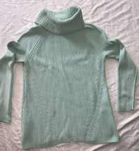 Lands End Pastel Green Cowl Neck Chunky Knit Sweater SZ S Unique Design Cotton - £14.38 GBP