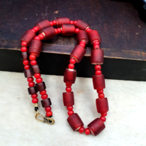 Vintage Venetian white heart and Red glass Trade Beads Beaded Necklace #J2 - $47.84