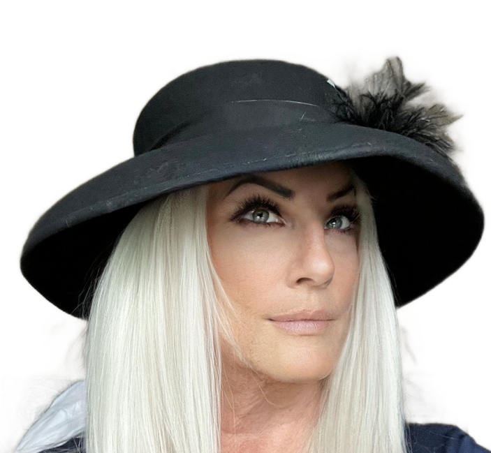 Vintage Toucan Collection Wide Brim Hat Heavy Black Felt Egret Feather T... - $52.57