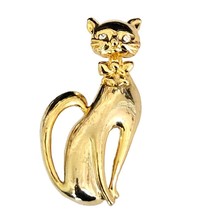 Gold Tone Vintage Cat Pin Brooch Rhinestone Eyes - £8.67 GBP