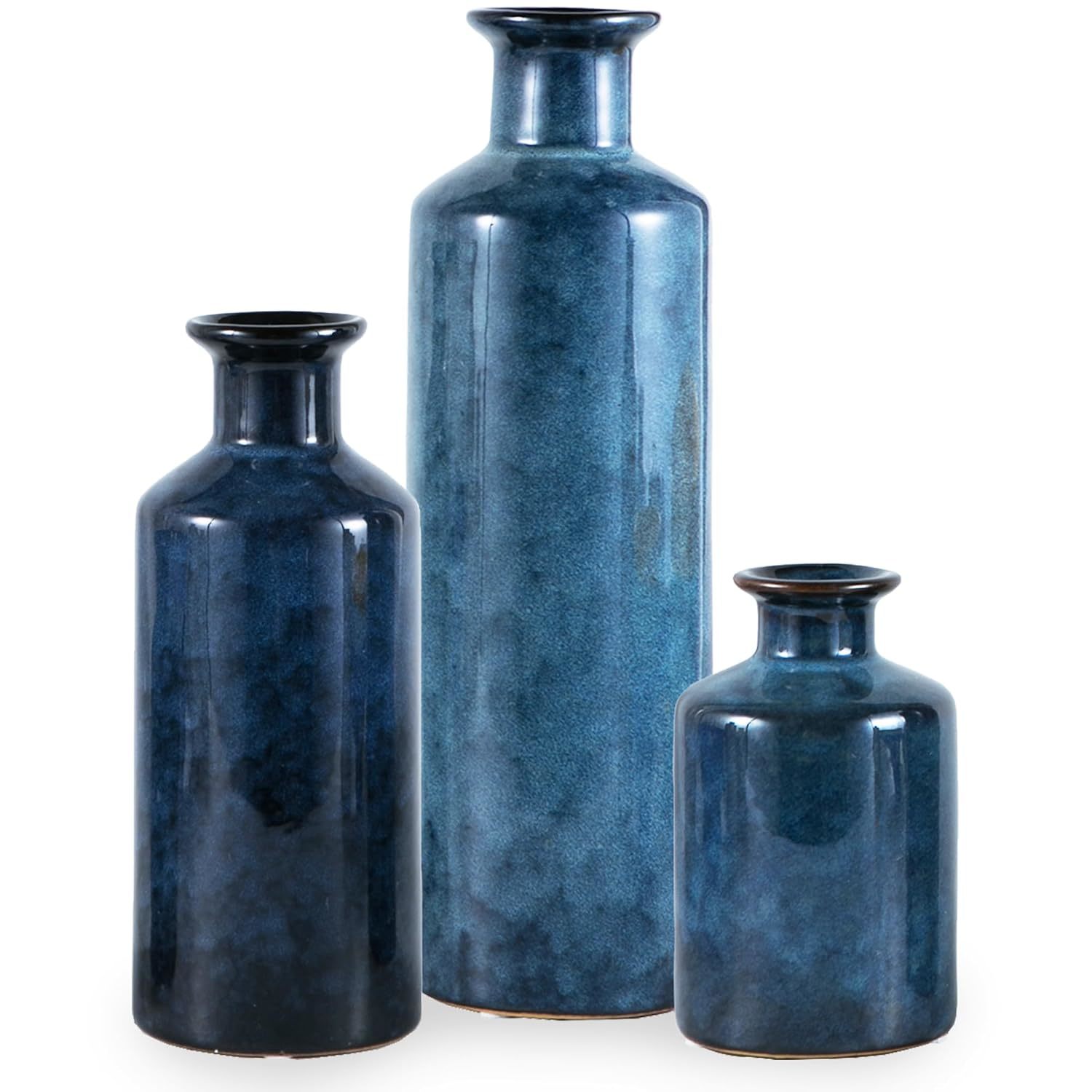 Blue Ceramic Vase Set Of 3 Small Vases, Modern Farmhouse For Home Decor Bottles,