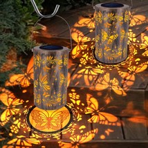 Outdoor Solar Lanterns, 2 Pack Retro Butterfly Hanging Lights Metal Outdoor Lant - £36.76 GBP