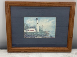 Vintage Lighthouse Framed Matted Art Print Twilight Beacon Nautical Sea Decor - £19.64 GBP