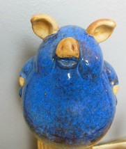 Pottery Pig with Cobalt Blue Glaze 7.5 x 6.25&quot; Pink Ears and Nose Snout - £20.97 GBP