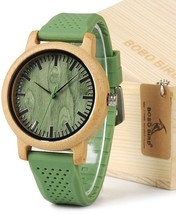 Japan Analog Quartz Mens Womens Wood Watch Green Dial Silicone Band Green NEW - £53.13 GBP