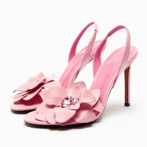 Womens Pink Flowers High Heels Summer Fashion Heeled Leather Pumps Woman Elegant - £55.71 GBP