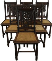 Antique Dining Chairs Gothic French 1890 Set 6 Carved Oak Cane Rattan  - £2,702.79 GBP