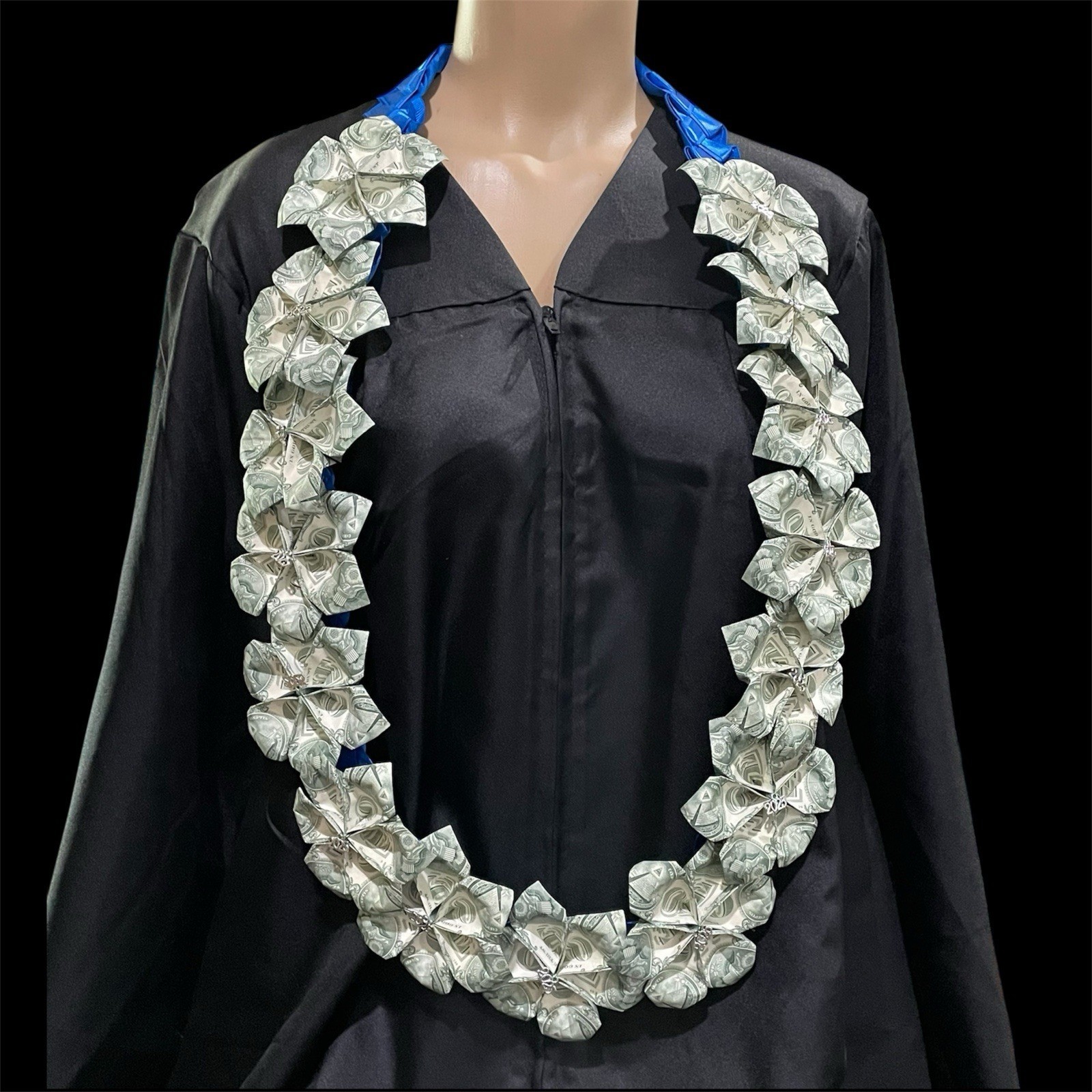 Graduation Money Lei Flower Crisp Bills Blue Four Braided Ribbons Long - $103.90