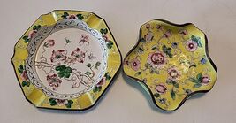 2 Vintage Chinese Small Enamel Plates Dish Ashtray Yellow Floral - $17.46