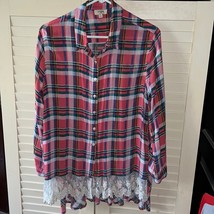 Umgee Plaid Button Down Tunic Shirt Woman’s Small Lace Hem 3/4 Sleeves - £21.45 GBP