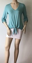 Karen Kane Turquoise Sz.XS Made In USA 3/4 Sleeve V-Neck Roll-Tab Front Tie Top - £11.92 GBP
