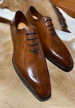 Handmade Men&#39;s Brown Leather Oxford Whole Cut Chiseled Toe Lace up Dress Shoes - £101.68 GBP